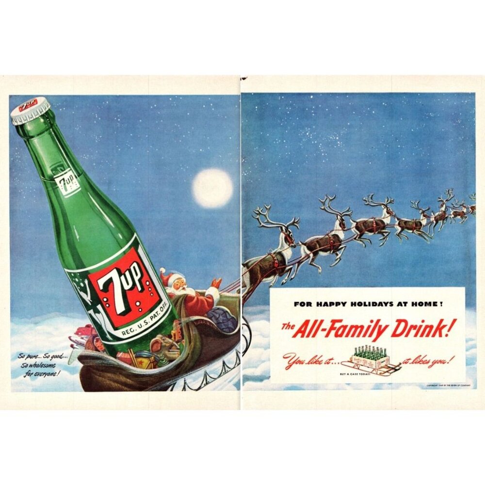 1949 7-Up 7Up Soda Pop Christmas Santa's Sleigh 2pg Vintage Print Ad Wall Art